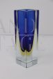 Small 1970s vase in blue and yellow submerged Murano glass