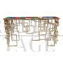 Golden double-sided sculpture console with multicolored Murano glass top