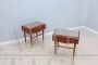 Pair of vintage teak and briar bedside tables with glass top, Italy 1950s