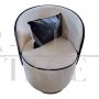 Tub armchair in white velvet and blue and light blue dyed ponyskin