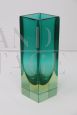 Small 1970s vase in aqua green and yellow submerged Murano glass