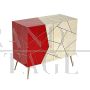 Design sideboard covered in red and parchment-colored glass