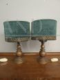 Pair of antique bronze table lamps with teal lampshade