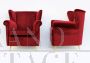 Pair of mid-century modern design armchairs in burgundy velvet and brass, 70s