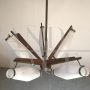 Vintage pendant chandelier with 5 lights, in glass, brass and teak wood