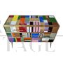 Design dresser with six drawers covered in multicolored glass