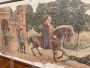 Antique fresco painting depicting nobles on horseback and castle