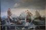 Antique painting of battle between galleons, 19th century, oil on canvas    