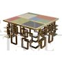 Low lounge table in chrome-gold steel with colored Murano glass top