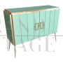 Two-door sideboard in aqua green Murano glass and brass