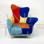 Pair of asymmetric design armchairs in multicolored velvet