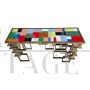 Golden double-sided sculpture console with multicolored Murano glass top