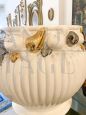 Pair of vintage round white ceramic vases with golden grapes