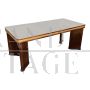 Art deco style table in mahogany and briar with black glass top