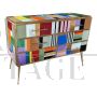 Design dresser with six drawers covered in multicolored glass