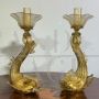 Pair of Salviati candlesticks with dolphins in golden Murano glass