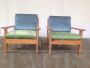 PAIR OF ARMCHAIRS IN PINE WOOD WITH VELVET CUSHIONS