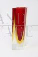 Vintage square vase in red and yellow submerged Murano glass