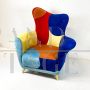 Pair of asymmetric design armchairs in multicolored velvet