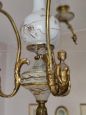 Vintage 3-arm chandelier in bronzed metal and painted ceramic