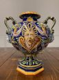 Antique Ginori trilobed majolica vase from 1860 with festoons and blue signature