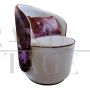 Tub armchair in white velvet and burgundy and pink dyed ponyskin