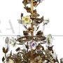 Golden wrought iron chandelier with porcelain roses, Italy early 1900s