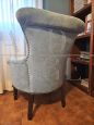 Antique granny bedroom armchair in light blue velvet