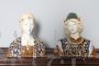 Pair of majolica sculptures by Minghetti with busts of Renaissance nobles