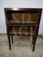 Pair of antique Louis XVI bedside tables, with landscape inlay on the top