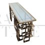 Double-sided console in chrome-gold steel and white Murano glass top