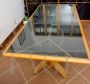 Vintage walnut table with black glass top, 1990s