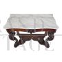 Antique console in carved wood with caryatids and marble top