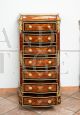 Antique Napoleon III tallboy dresser with inlays in fine woods and bronzes