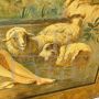 Large antique 19th century grass juice painting with gallant scene