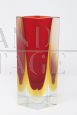 Vintage square vase in red and yellow submerged Murano glass