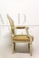 Shabby chic antique style armchair in white wood and beige padding