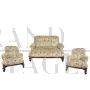 Antique living room set with sofa and armchairs in damask fabric                            