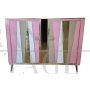 Two-door sideboard with pink glass and brass geometries