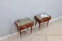 Pair of vintage teak and briar bedside tables with glass top, Italy 1950s