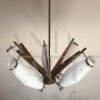 Vintage pendant chandelier with 5 lights, in glass, brass and teak wood