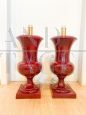 Pair of burgundy ceramic candlestick table lamps, 1970s