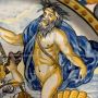 Large antique plate in Neapolitan majolica by Carlo Mollica depicting Neptune