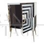 Small sideboard bar cabinet in optical black and white glass and mirror