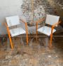 Pair of orange postmodern armchairs with white bouclé wool fabric