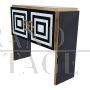 Black and white glass bar cabinet with mirror interior