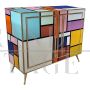 Sideboard in colored glass with illuminated mirror interior