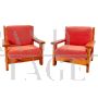 Pair of large vintage armchairs in wood and red velvet, Italy 1970s