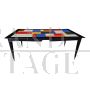 Design table in wood and multicolored glass                            