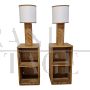 Pair of bamboo and rattan bedside tables with built-in lamps